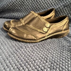 Chico's Black Leather Slip-On Shoes with Button Accents